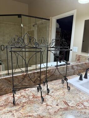 Ornate Black Metal Bathroom Towel & Accessory Stand - Decorative Scroll Design